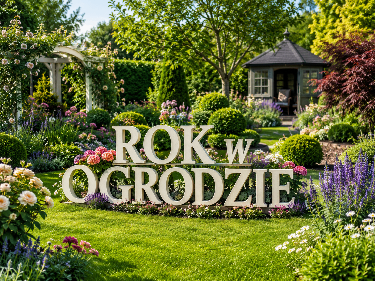 Ogród z widokiem na trawnik, rabaty i domem w tle Ogród z widokiem na trawnik, rabaty i domem w tle